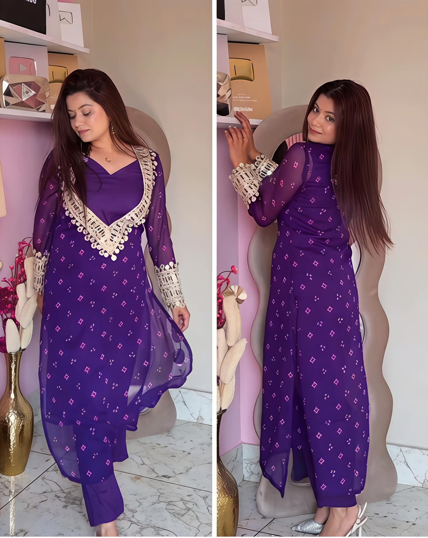 Velvet Charm Embroidered Kurta Set (Purple & Pink) 💜❤️(RD33)