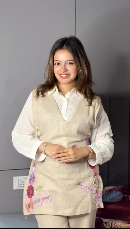 Elegant Floral Embroidered Shirt Style Co-Ord Set (RD75)