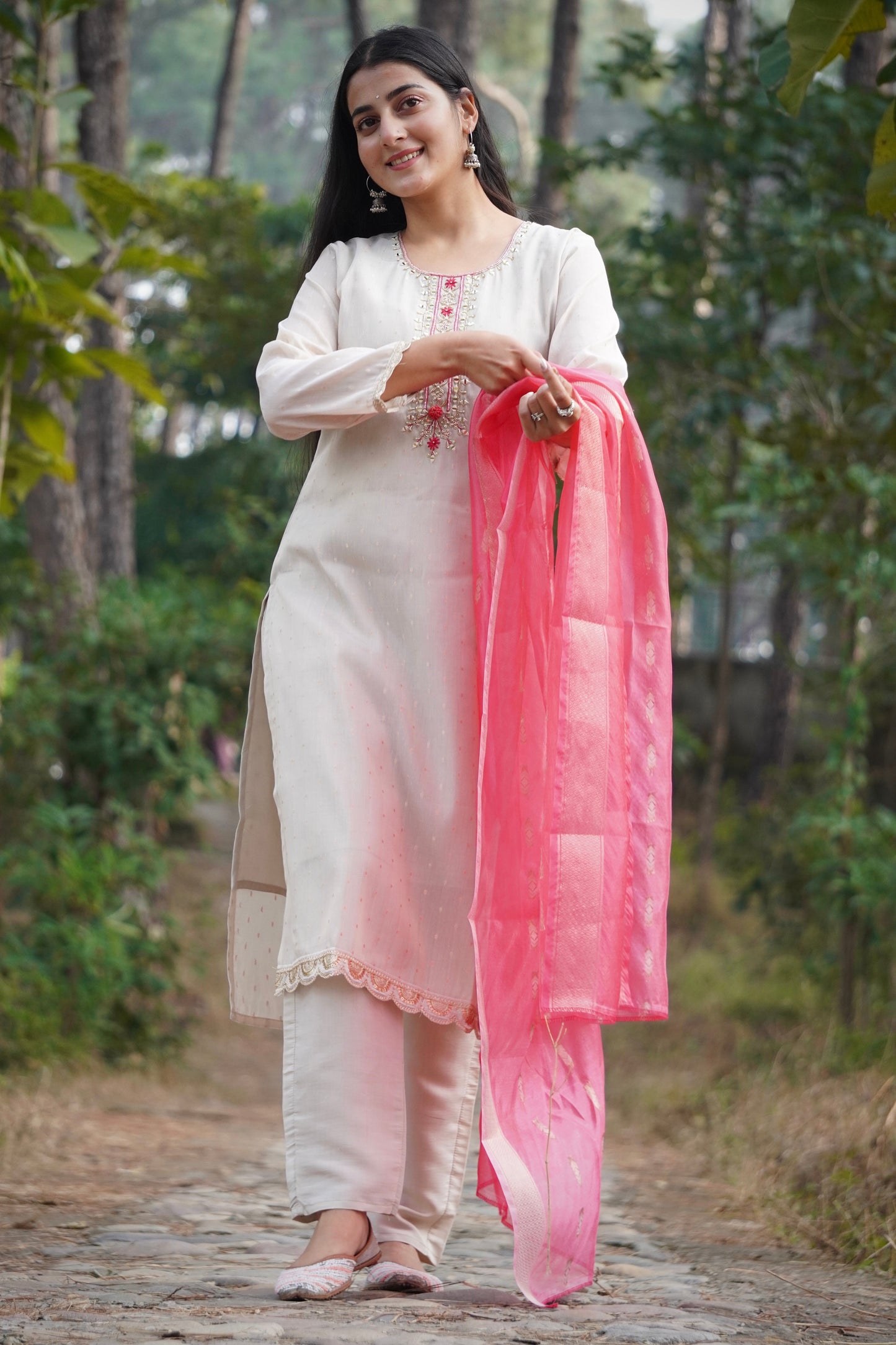 Premium Tissue Shimmer Suit Set Which is Beautifully Decorated With Hand Khatli Work And Original Mirror Work With Butti Pattern(SWRED51)