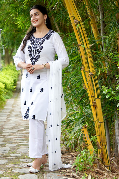 Women's Floral Embroidered Cotton Suit Set with Dupatta (RRRD49)