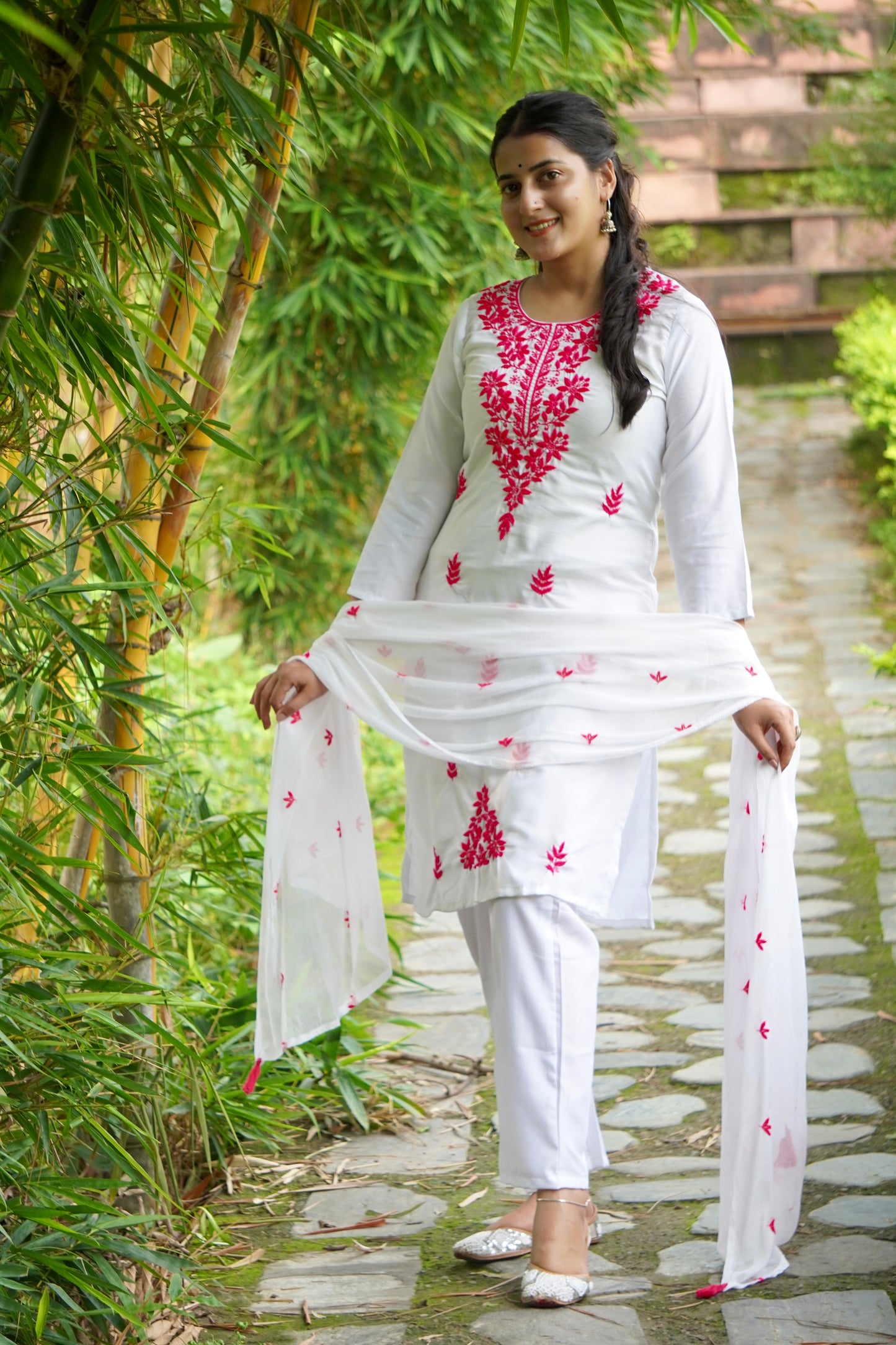 Women's Floral Embroidered Cotton Suit Set with Dupatta (RRRD49)