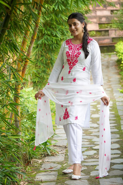 Women's Floral Embroidered Cotton Suit Set with Dupatta (RRRD49)