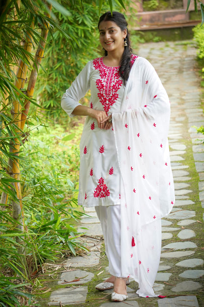 Women's Floral Embroidered Cotton Suit Set with Dupatta (RRRD49)