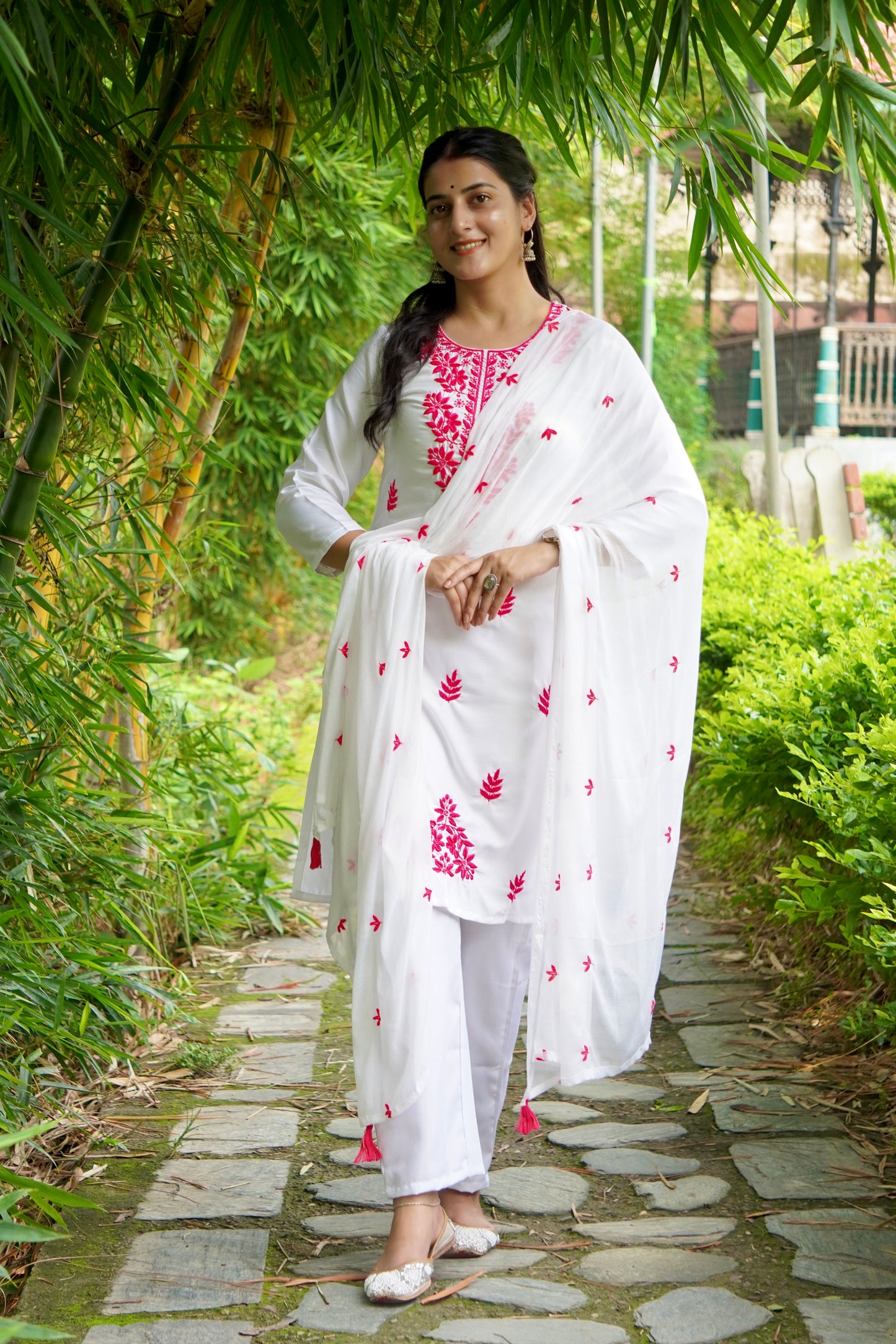 Women's Floral Embroidered Cotton Suit Set with Dupatta (RRRD49)