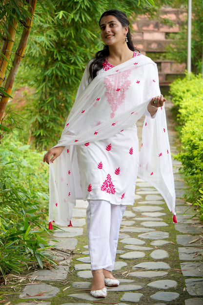 Women's Floral Embroidered Cotton Suit Set with Dupatta (RRRD49)