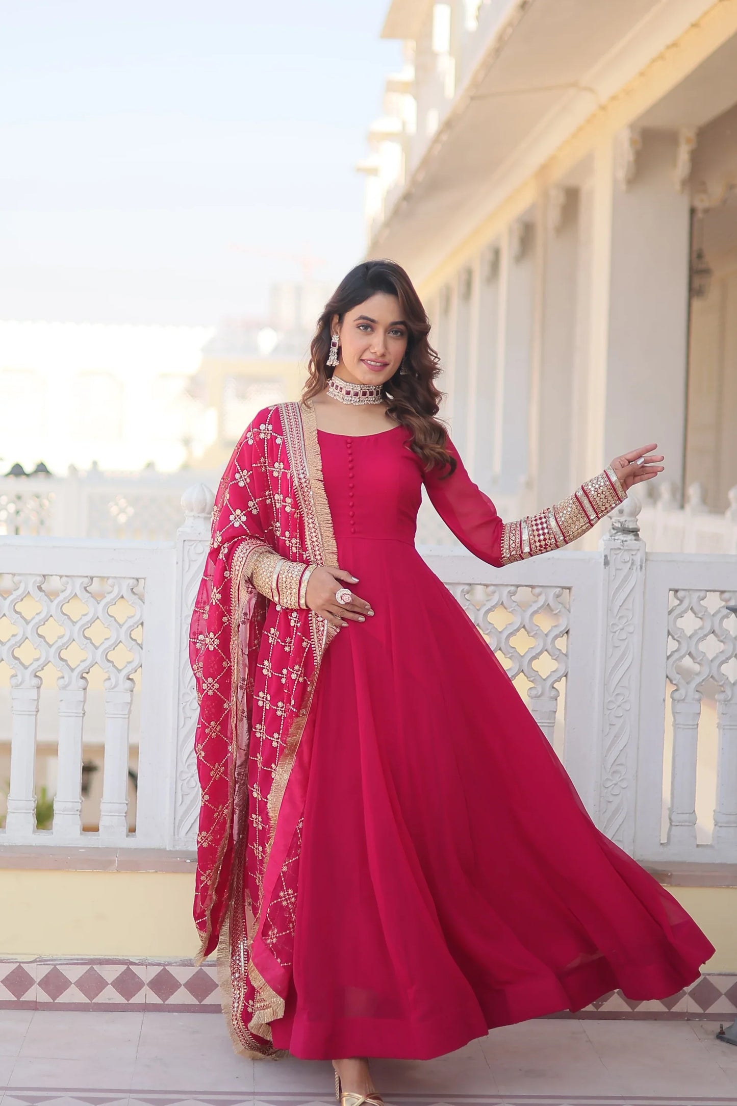 Faux Blooming Gown with Dupatta With Attractive Embroidered Sequins work with Lace Border(WARED334)