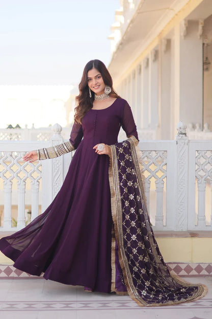Faux Blooming Gown with Dupatta With Attractive Embroidered Sequins work with Lace Border(WD27) (01)