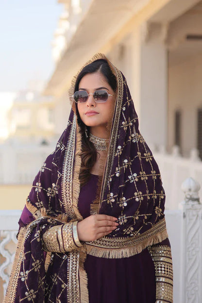 Faux Blooming Gown with Dupatta With Attractive Embroidered Sequins work with Lace Border(WD27) (01)