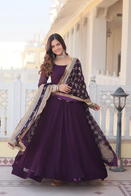 Faux Blooming Gown with Dupatta With Attractive Embroidered Sequins work with Lace Border(WD27) (01)