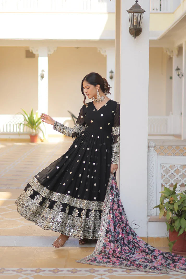 Faux Georgette with Embroidery Zari Sequins-work premium gown(WD18)