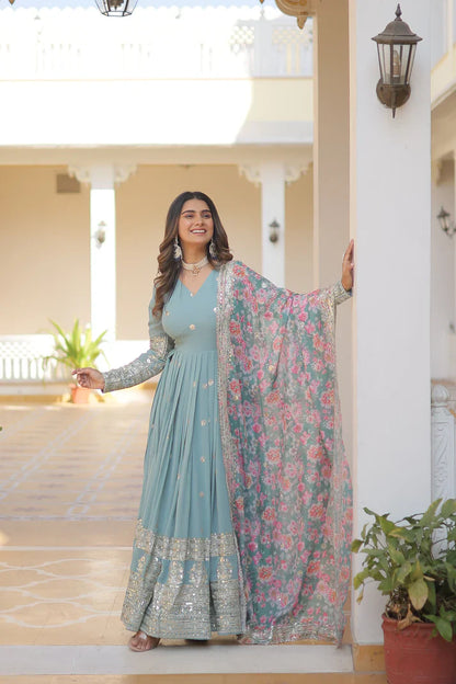 Faux Georgette with Embroidery Zari Sequins-work premium gown(WD18) (01)
