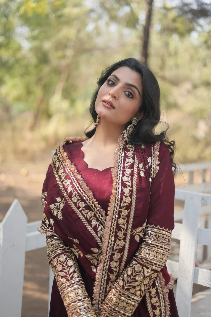 DARK MAROON HEAVY SEQUINS EMBROIDERY WORK GOWN WITH DUPATTA(WD14)