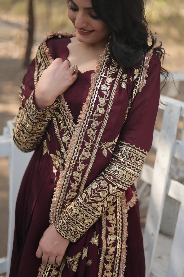DARK MAROON HEAVY SEQUINS EMBROIDERY WORK GOWN WITH DUPATTA(WD14)