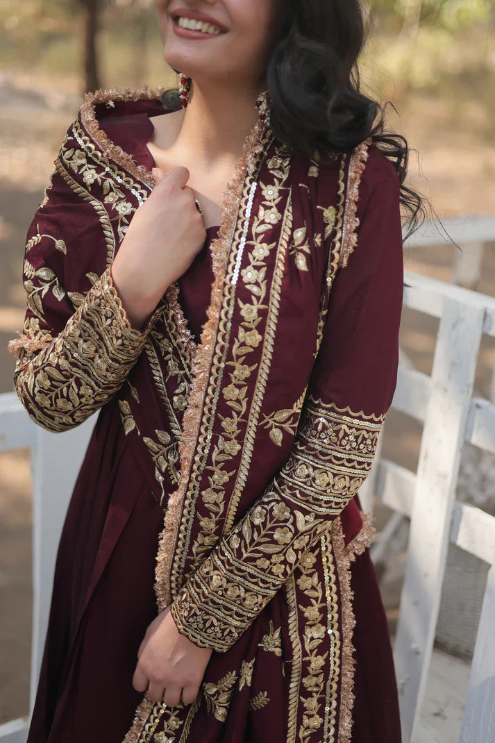 DARK MAROON HEAVY SEQUINS EMBROIDERY WORK GOWN WITH DUPATTA(WD14)