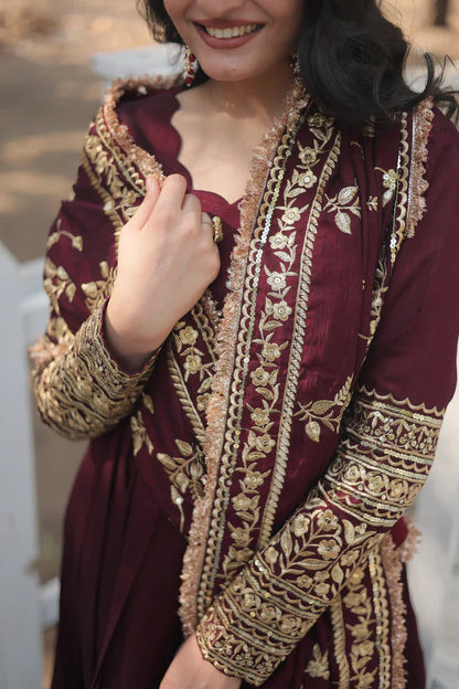DARK MAROON HEAVY SEQUINS EMBROIDERY WORK GOWN WITH DUPATTA(WD14)