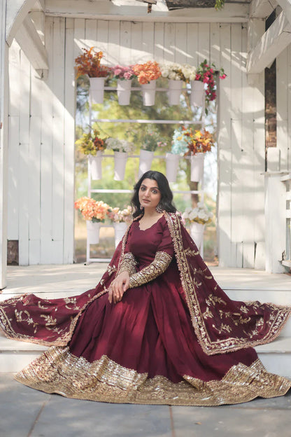 DARK MAROON HEAVY SEQUINS EMBROIDERY WORK GOWN WITH DUPATTA(WD14)