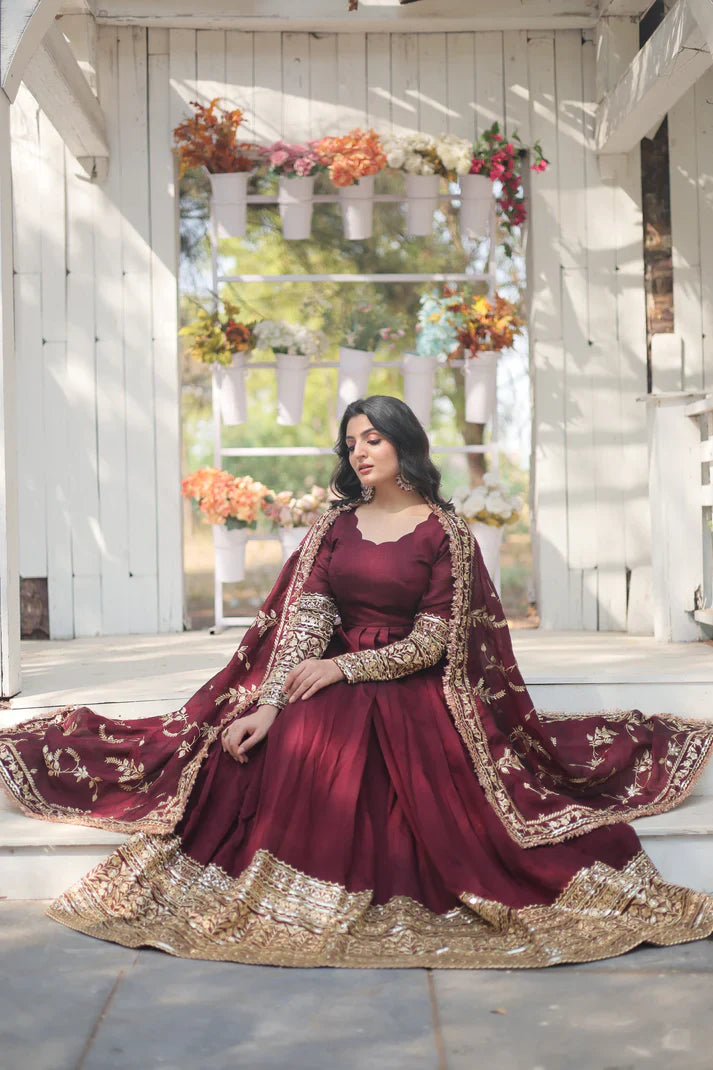 DARK MAROON HEAVY SEQUINS EMBROIDERY WORK GOWN WITH DUPATTA(WD14)