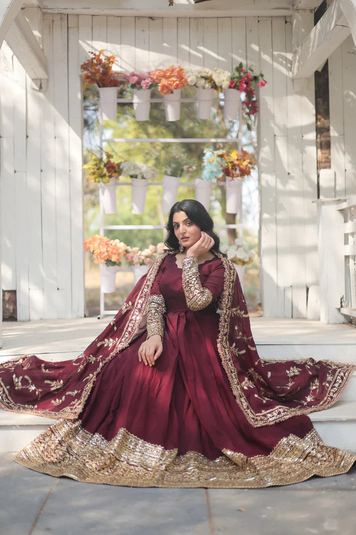DARK MAROON HEAVY SEQUINS EMBROIDERY WORK GOWN WITH DUPATTA(WD14)