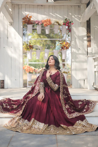 DARK MAROON HEAVY SEQUINS EMBROIDERY WORK GOWN WITH DUPATTA(WD14)