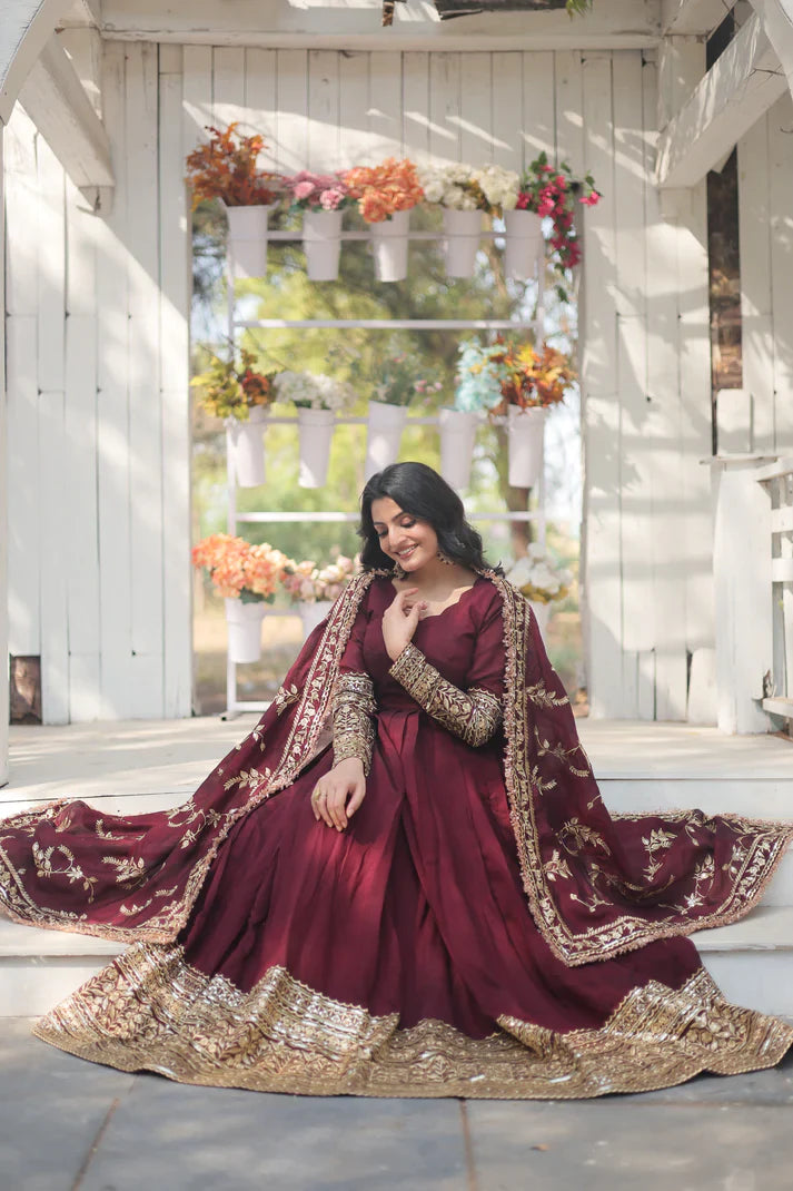 DARK MAROON HEAVY SEQUINS EMBROIDERY WORK GOWN WITH DUPATTA(WD14)