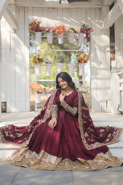 DARK MAROON HEAVY SEQUINS EMBROIDERY WORK GOWN WITH DUPATTA(WD14)