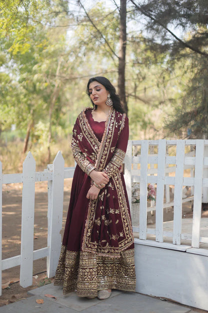 DARK MAROON HEAVY SEQUINS EMBROIDERY WORK GOWN WITH DUPATTA(WD14)