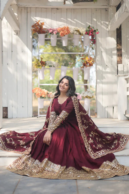 DARK MAROON HEAVY SEQUINS EMBROIDERY WORK GOWN WITH DUPATTA(WD14)