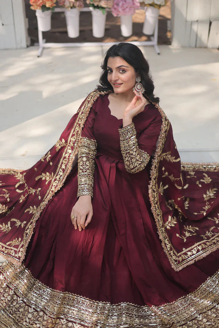 DARK MAROON HEAVY SEQUINS EMBROIDERY WORK GOWN WITH DUPATTA(WD14)
