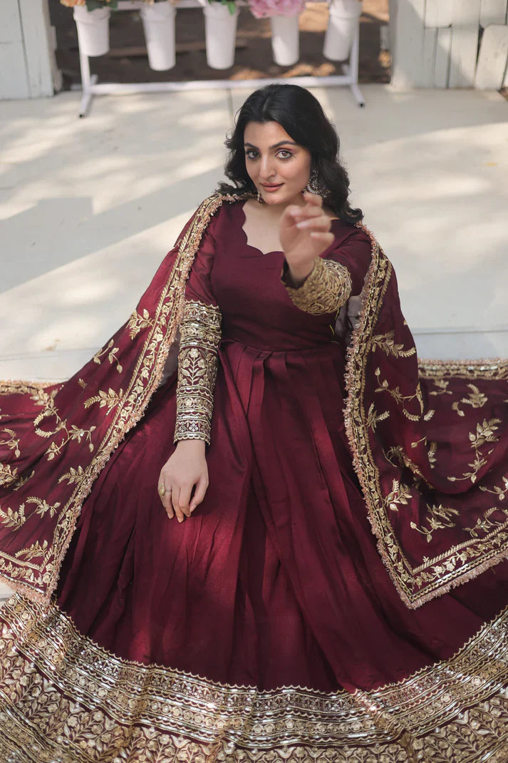 DARK MAROON HEAVY SEQUINS EMBROIDERY WORK GOWN WITH DUPATTA(WD14)