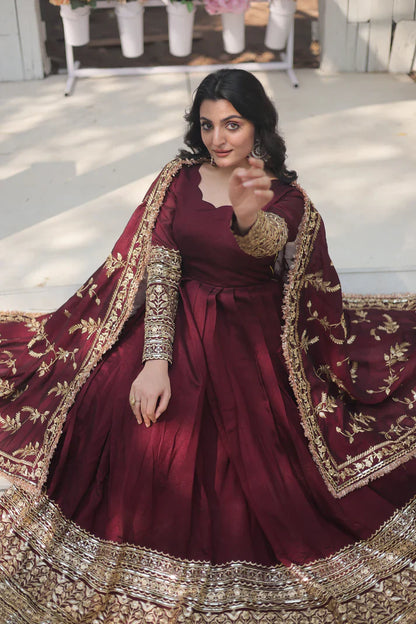 DARK MAROON HEAVY SEQUINS EMBROIDERY WORK GOWN WITH DUPATTA(WD14)