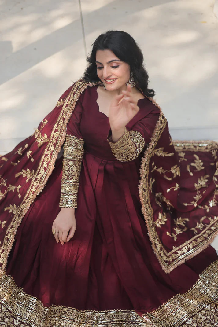DARK MAROON HEAVY SEQUINS EMBROIDERY WORK GOWN WITH DUPATTA(WD14)