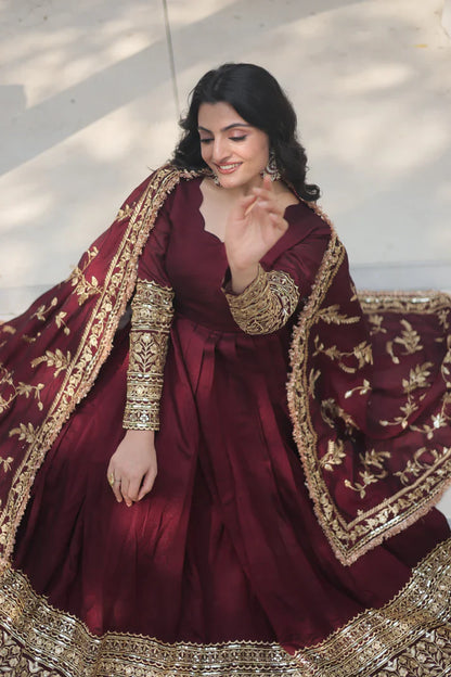 DARK MAROON HEAVY SEQUINS EMBROIDERY WORK GOWN WITH DUPATTA(WD14)