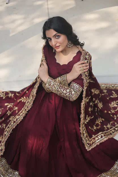 DARK MAROON HEAVY SEQUINS EMBROIDERY WORK GOWN WITH DUPATTA(WD14)