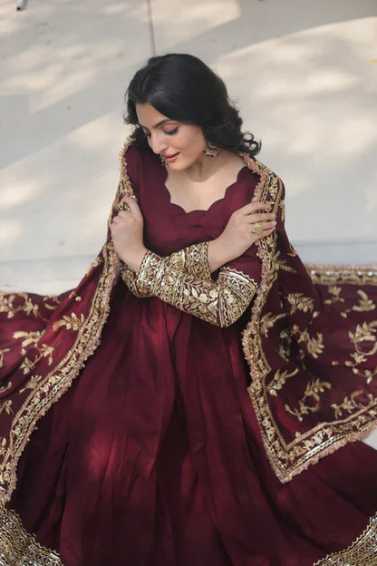 DARK MAROON HEAVY SEQUINS EMBROIDERY WORK GOWN WITH DUPATTA(WD14)