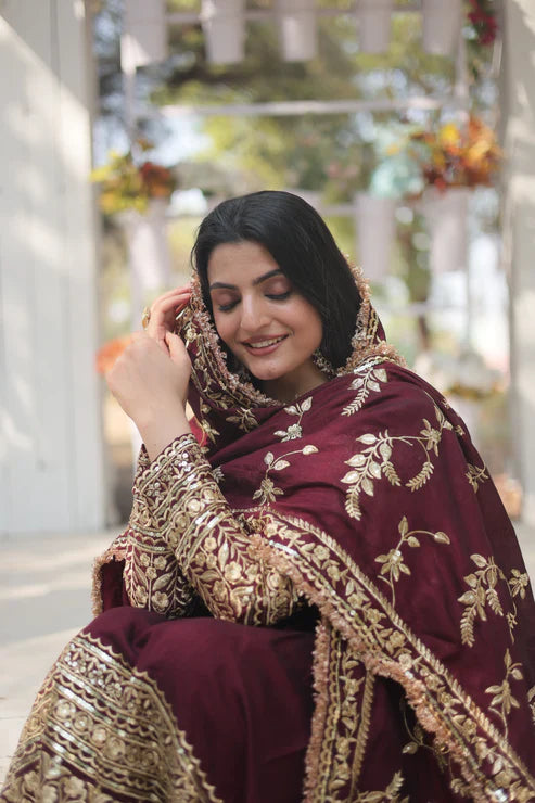 DARK MAROON HEAVY SEQUINS EMBROIDERY WORK GOWN WITH DUPATTA(WD14)