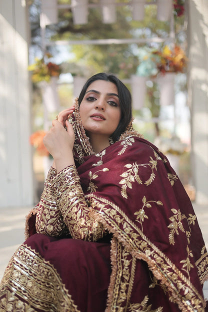 DARK MAROON HEAVY SEQUINS EMBROIDERY WORK GOWN WITH DUPATTA(WD14)