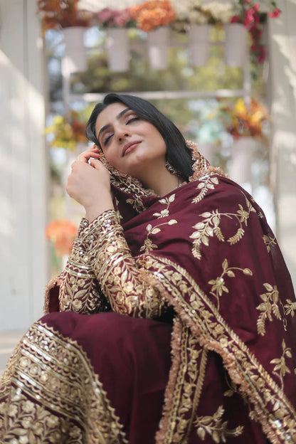DARK MAROON HEAVY SEQUINS EMBROIDERY WORK GOWN WITH DUPATTA(WD14)