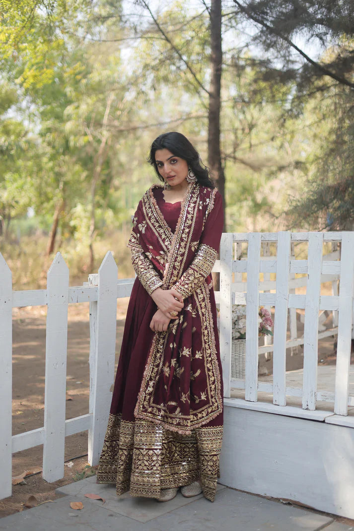 DARK MAROON HEAVY SEQUINS EMBROIDERY WORK GOWN WITH DUPATTA(WD14)