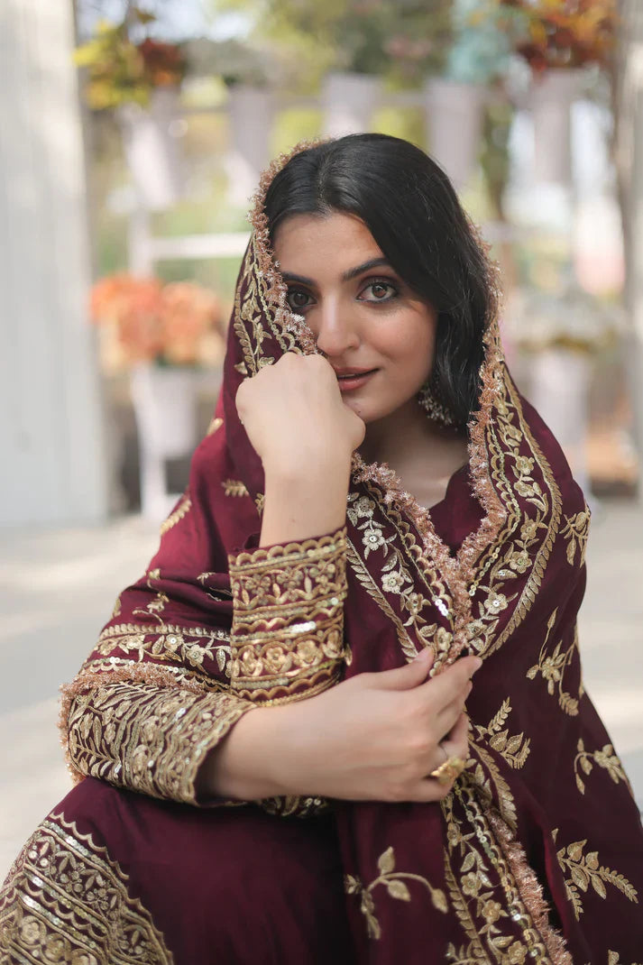 DARK MAROON HEAVY SEQUINS EMBROIDERY WORK GOWN WITH DUPATTA(WD14)