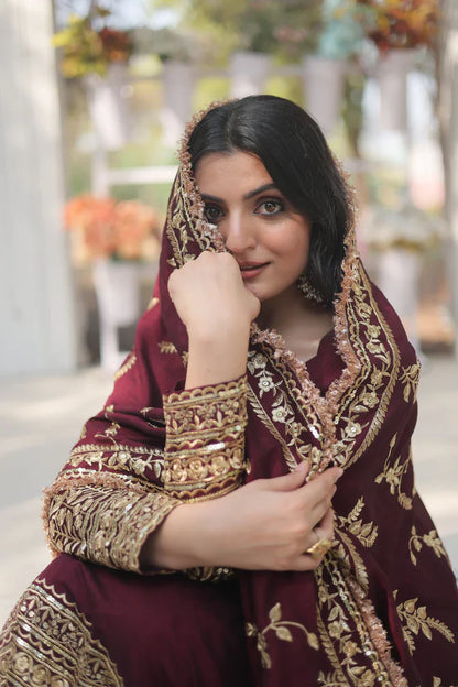DARK MAROON HEAVY SEQUINS EMBROIDERY WORK GOWN WITH DUPATTA(WD14)