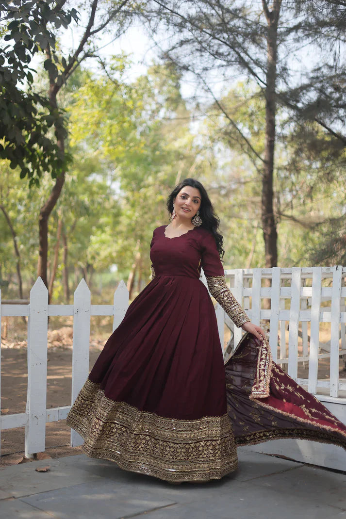 DARK MAROON HEAVY SEQUINS EMBROIDERY WORK GOWN WITH DUPATTA(WD14)