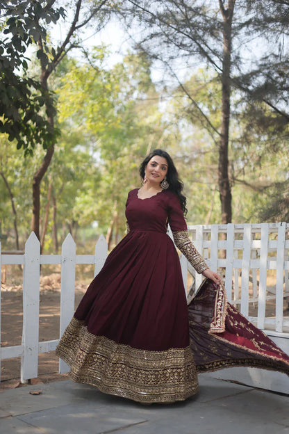 DARK MAROON HEAVY SEQUINS EMBROIDERY WORK GOWN WITH DUPATTA(WD14)