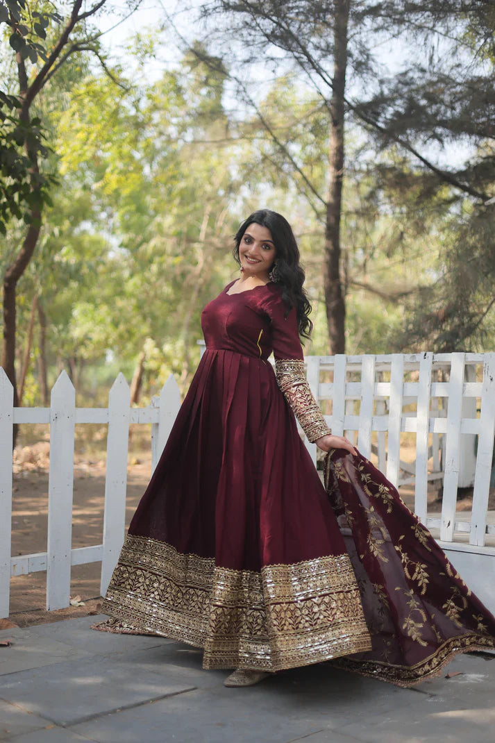 DARK MAROON HEAVY SEQUINS EMBROIDERY WORK GOWN WITH DUPATTA(WD14)