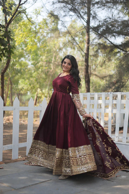 DARK MAROON HEAVY SEQUINS EMBROIDERY WORK GOWN WITH DUPATTA(WD14)