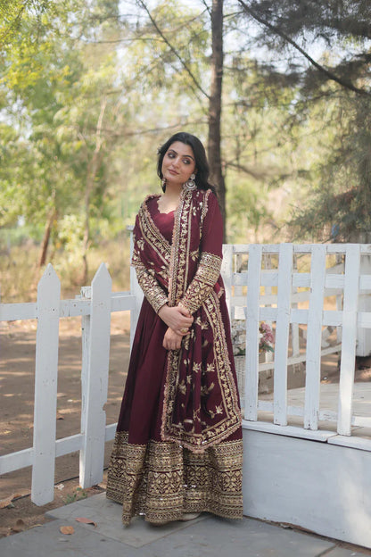 DARK MAROON HEAVY SEQUINS EMBROIDERY WORK GOWN WITH DUPATTA(WD14)