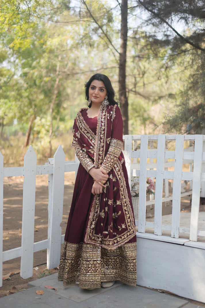 DARK MAROON HEAVY SEQUINS EMBROIDERY WORK GOWN WITH DUPATTA(WD14)
