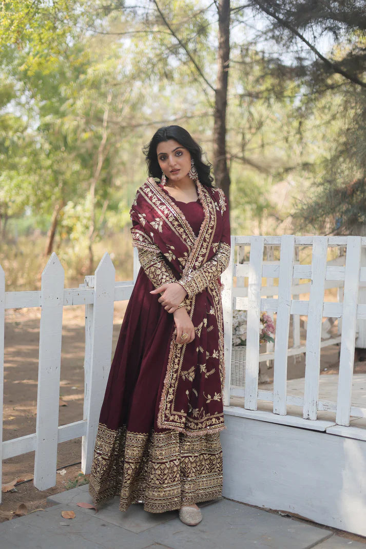 DARK MAROON HEAVY SEQUINS EMBROIDERY WORK GOWN WITH DUPATTA(WD14)