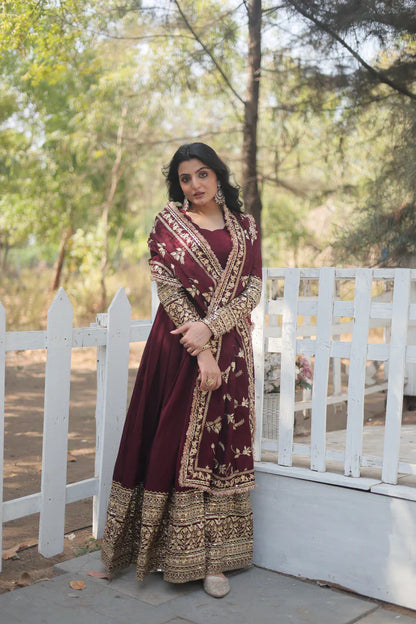 DARK MAROON HEAVY SEQUINS EMBROIDERY WORK GOWN WITH DUPATTA(WD14)