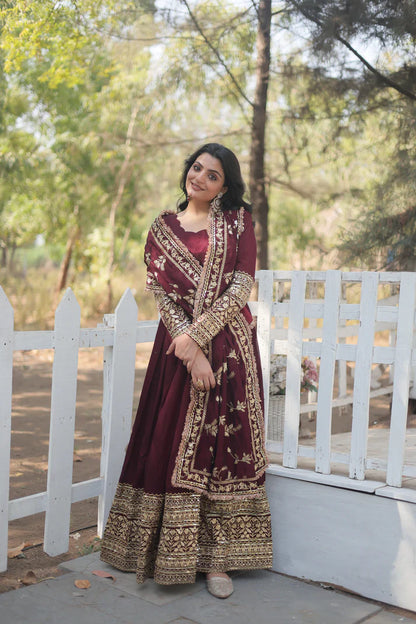 DARK MAROON HEAVY SEQUINS EMBROIDERY WORK GOWN WITH DUPATTA(WD14)