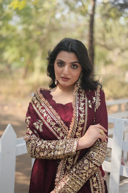DARK MAROON HEAVY SEQUINS EMBROIDERY WORK GOWN WITH DUPATTA(WD14)